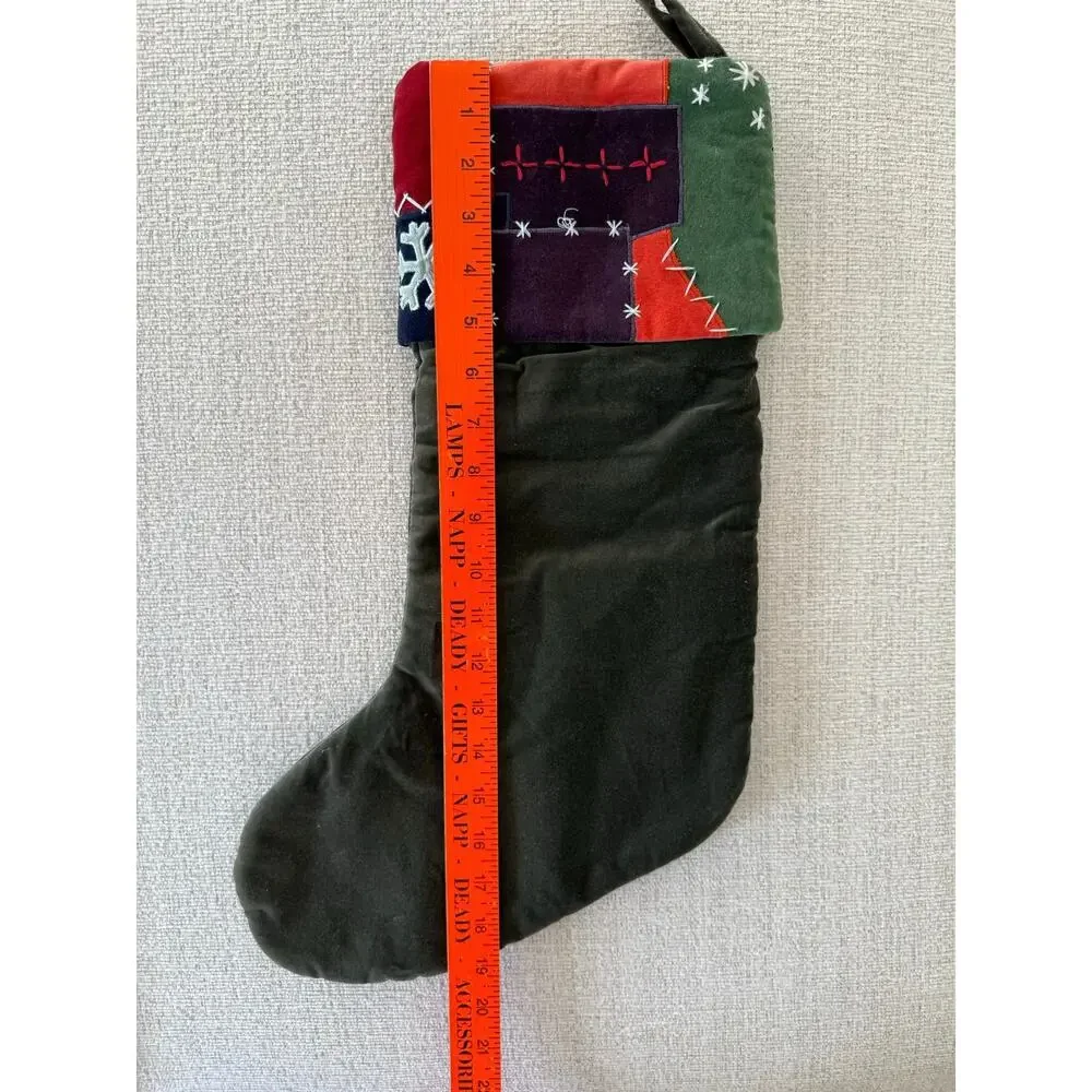 Velour Patchwork Christmas Stocking Green Cottage‎ Core Folk Art Country Decor